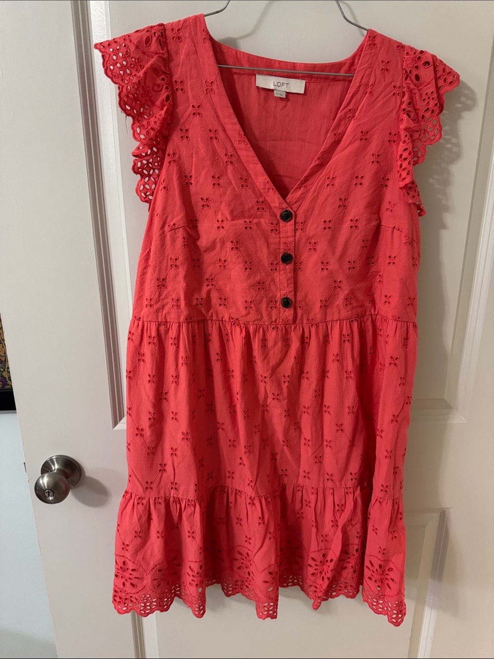 LOFT Coral Eyelet Tiered Dress